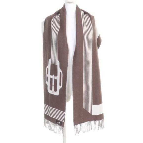 Hermes Sangre A Bucle 100% Cashmere Brown/ivoir Fringed Bicolor Scarf With Box - Picture 6 of 11